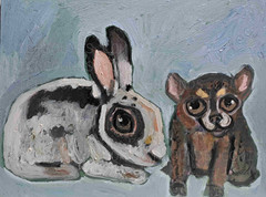 Original 9″x12″ rabbit and chihuahua dog oil painting on cradled wood panel