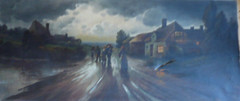 R. HAIL, EUROPEAN SCHOOL ANTIQUE OLD OIL PAINTING MOODY LANDSCAPE FIGURES SUNSET