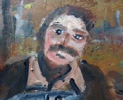 A generous man & two fishes fun modern portrait 8×8″ still life oil painting art