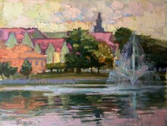 Oil Painting City Fountain Batrakov V. Unframed Original Home Decor Art nAAA2375