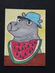 ACEO Original Art Card ATC Watercolor OOAK Signed Watermelon Hippo In Hat By GAT