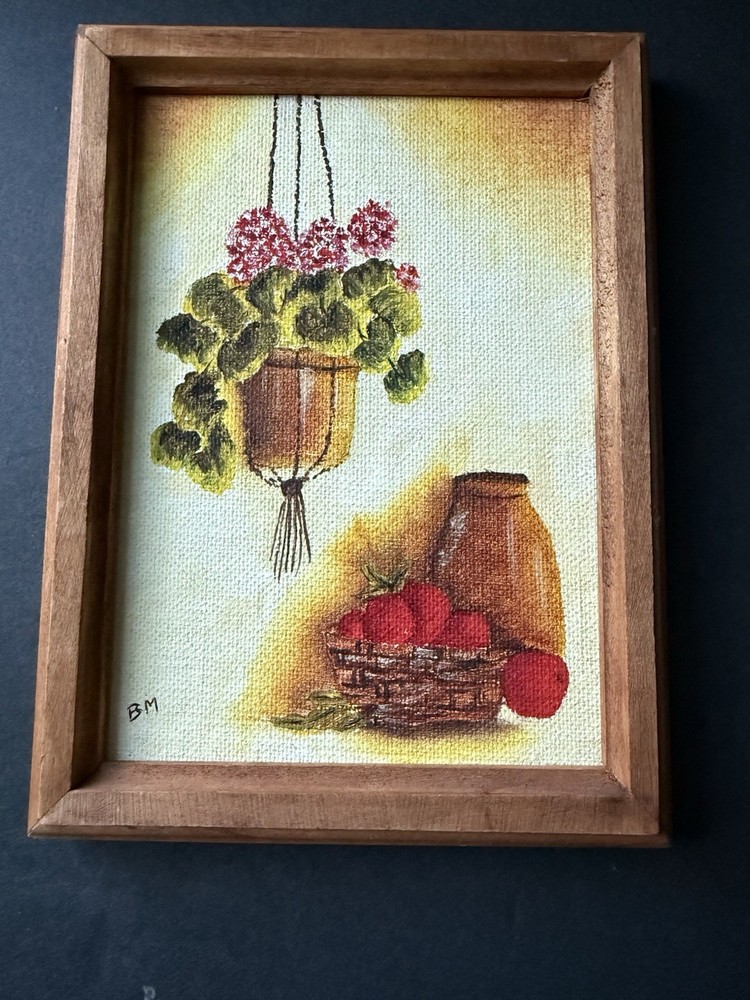 Vintage Original Oil On Canvas Signed Still Life Framed Flowers Wood Frame Retro