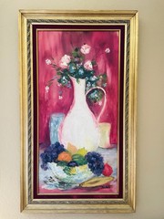 Vintage Floral Still Life Painting Framed Signed Mid Century Fruit Pitcher LARGE