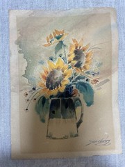 Sunflower Original Watercolor Painting paper flower pitcher garden 5X7 DanChing