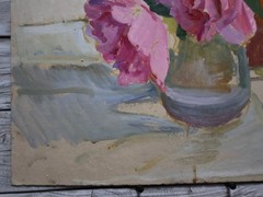 Floral still life with roses flowers Original Antique Oil Painting Signed Art