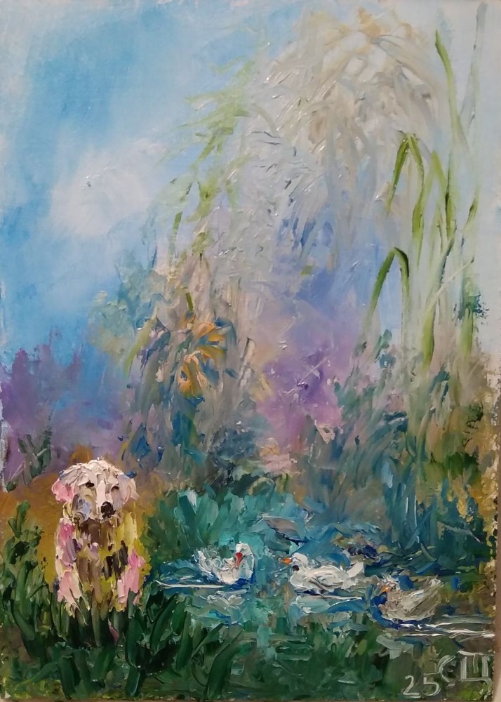 Painting „Labrador and ducks“. Oil on cardboard. 5×7 inc. Handmade. 2025.