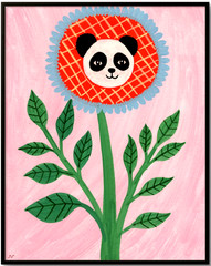 Panda Flower Creature Painting, Fantasy Animal Art 8×10