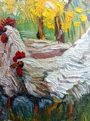 Hen original oil painting with signature framed farm animals 4×4 inches