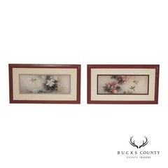 Lena Liu Chinese Pair of Bird and Flower Paintings on Silk