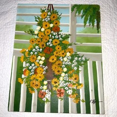 70s flower floral oil painting original signed hanging basket of flowers