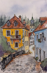 Сityscape Watercolor Original Painting European Architecture Old Town Artwork