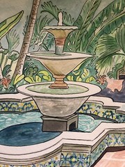FOUNTAIN at COCONUT GROVE Original Watercolor & Pen & Ink art K Jones Miami FL