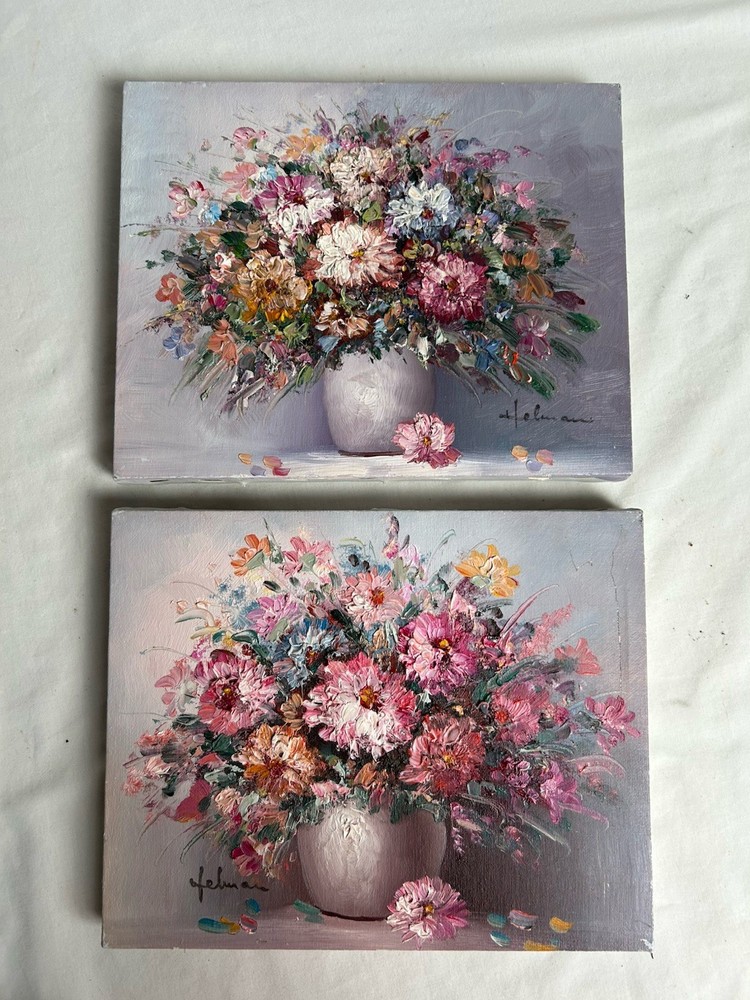 Set of 2 Original Oil Paintings of Flowers In Vases. Signed. 7×9 Inches Helman