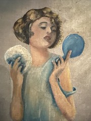 Art Deco Painting Of A Flapper Female Powdering Her Face. Oil On Canvas
