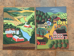 Pair Folk Art Paintings in Style of Charles Wysocki Amish Country 12×16