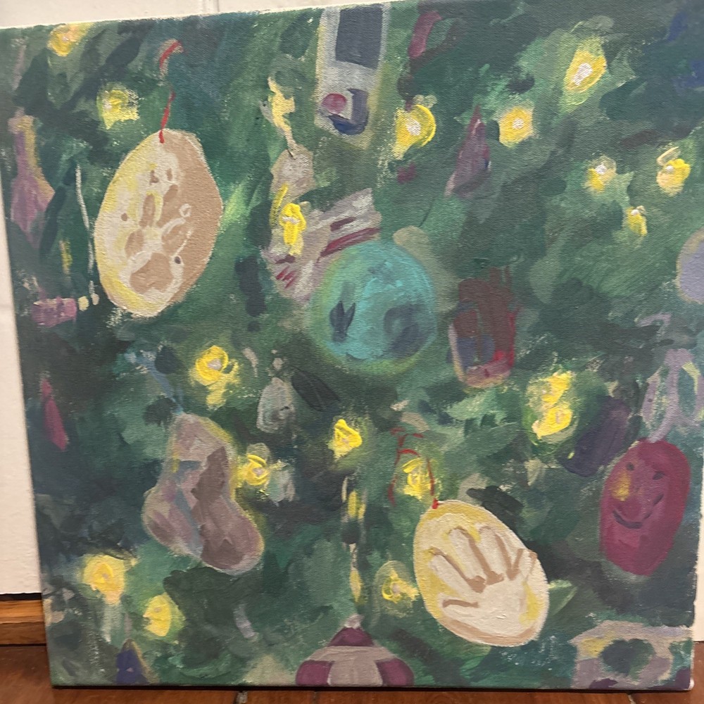 Original Art Painting Acrylic On Canvas Christmas Tree Pet Piece Family