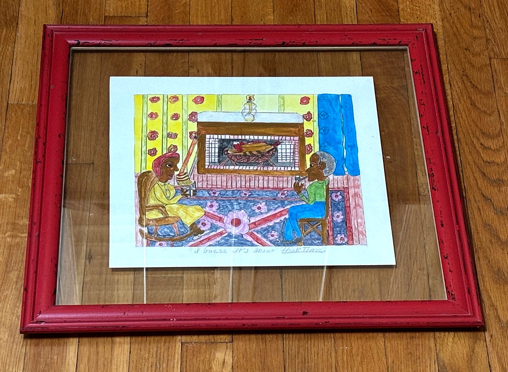 JOAN DANCE KY FOLK ARTIST FRAMED WATERCOLOR THE LAST FIRE STORY ON BACK 20″x 21″