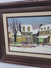 Vintage H Hargrove Art Painting GENERAL STORE Winter Snow 10×8
