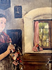 Early 1900s ORIGINAL European SIGNED ‚KS‘ Rural Interior Genre Scene Oil FRAMED