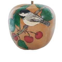 Vintage Signed Hand Engraved Painted Apple Shaped Gourd Stem Bird Cherry Tree