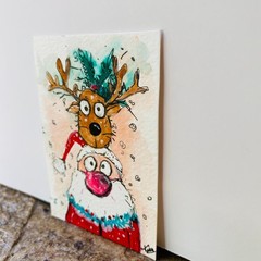ACEO funny Cute Santa & Reindeer Christmas Acrylic Painting festive Art card NEW