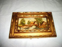 MINIATURE OIL PAINTING P KLAUS LANDSCAPE HOUSE BRIDGE LISTED ARTIST MID CENTURY