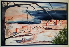 VEL ARGYLE (American, b. 1940) Taos Pueblo Crafting Vintage Watercolor Painting