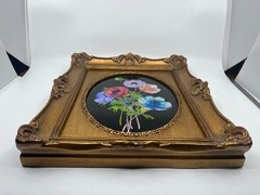 VTG Margaret Dougherty Reverse Oil Painting on Glass Floral Bouquet Gold Frame