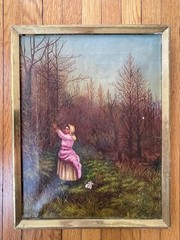 Antique Oil Painting Peasant Woman with Basket Pink Dress Foraging in the Woods