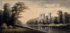 Antique 1910s Watercolor Painting Durham Cathedral Swans Signed Aarons 24”x12”