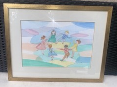 VTG Ring Around The Rosies Kids Playing Dancing Watercolor 16 3/8”T 21 1/8”W