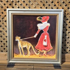 Karen Dupré Woman Walking Cheetah Signed Art Deco Painting 30″ x 30″ Framed