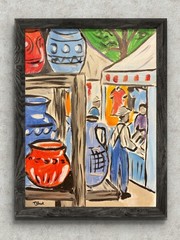 Original Pottery Market Painting 11×14 Acrylic Canvas Street Scene Artwork