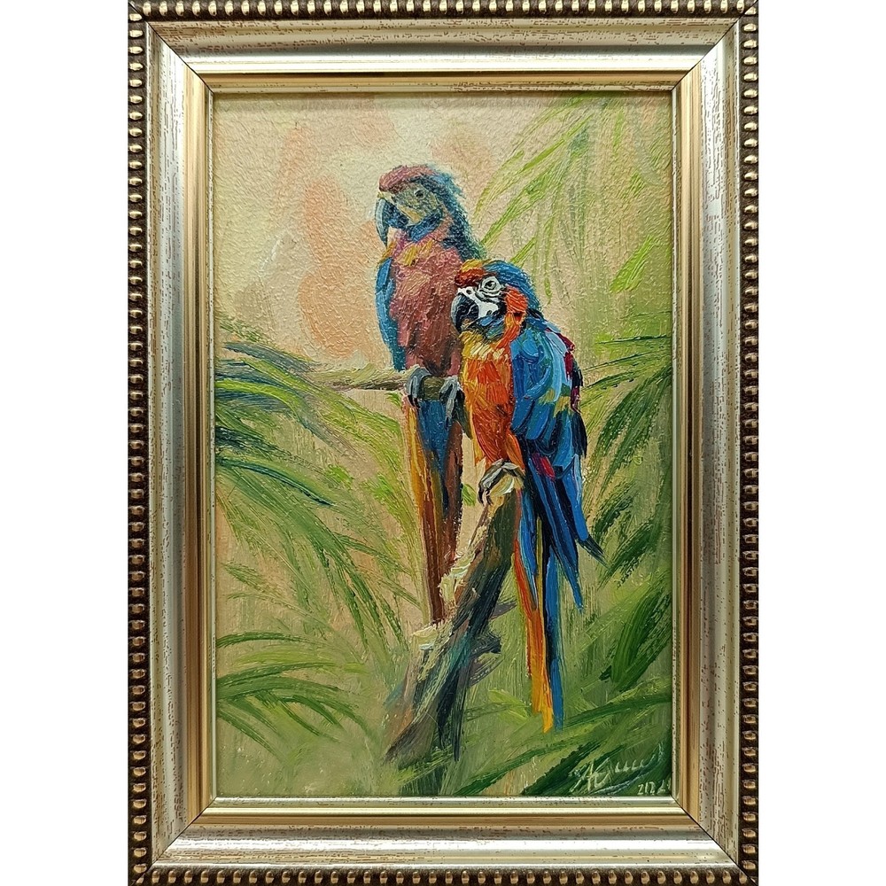 Macaw Parrots Original Oil Painting 4×6 Framed Signed Tropical Birds Wall Art