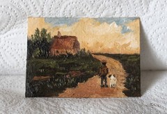 Original ACEO oil painting impressionist child and a pug #W4555