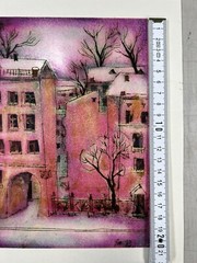 Alexander Trineev Mixed Media Painting Pink Buildings in Winter Landscape