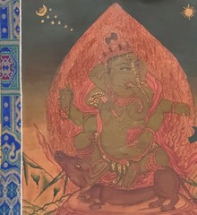HAND-PAINTED NEWARI GANESHA THANKA PAINTING, OIL VARNISHED, SILK BROCADE MOUNT