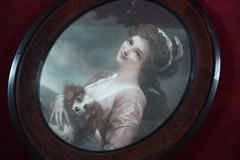 * ANTIQUE VICTORIAN PORTRAIT WITH SPANIEL DOG ORIGINAL BURLED WOOD FRAME NICE *