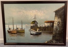 Ships in A Harbor Fishing Boats Original Oil Painting  by W. Jones Signed 24x 36