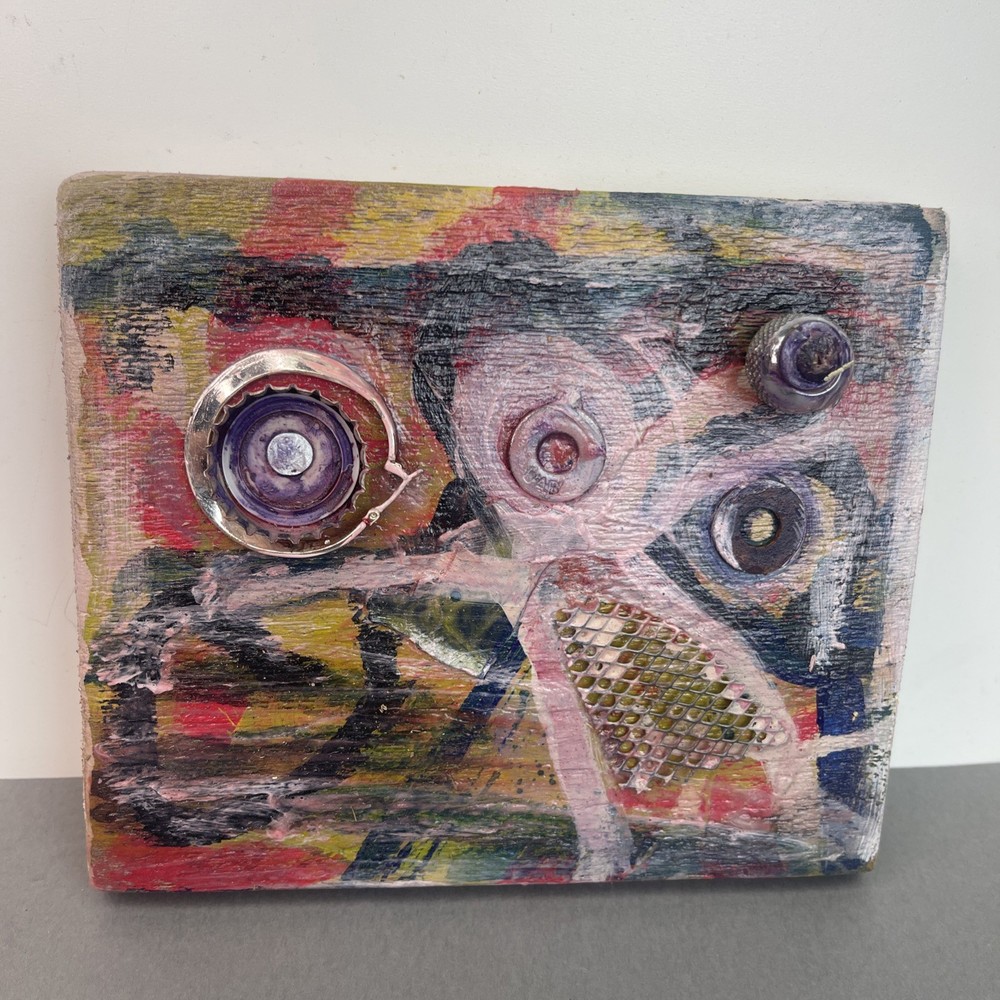 Painting On Weathered Wood, Small Acrylic Assemblage, Metals, Signed