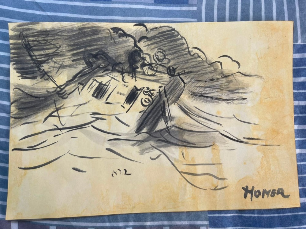 WINSLOW HOMER drawing and painting on old paper signed stamped vintage