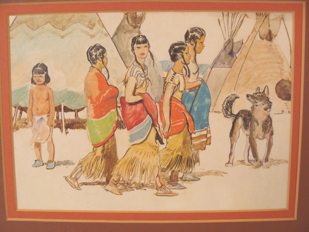 Antique Herbert M Stoops Native American Children W/C Painting #2