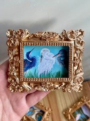 Blue Herons & Egret mini watercolor print in gold vintage style ornate frame