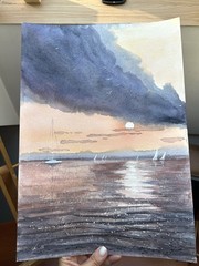 Seascape Painting yachts sunset in the reflection Original Watercolor