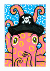 ACEO Original Octopus Pirate Ocean Sea Miniature Painting Animal OneCraftyLady