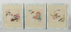Set Of 3 Asian Style Floral And Birds Watercolor Paintings Framed