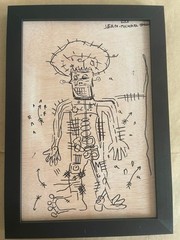 BASQUIAT Drawing and painting on antique wood, signed and sealed, framed in wood