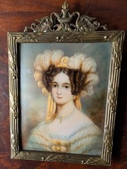 Antique 1830s to 1840s Miniature Portrait Painting Signed with Brass Frame