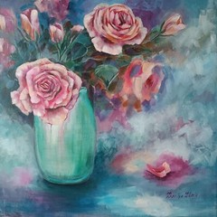 Pink roses still life flowers floral acrylic impressionist painting 19.5×19.5 in