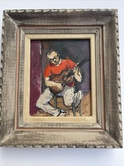 Mid Century Modern Painting Oil Guitarist Musician American Regionalism Signed